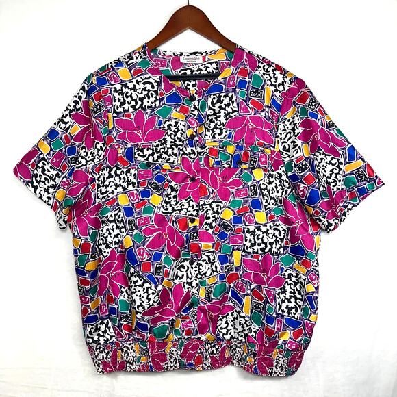 VTG Lauren Lee Floral Print Colorful Smocked Top Pink Maximalist 90s Abstract - Picture 1 of 9